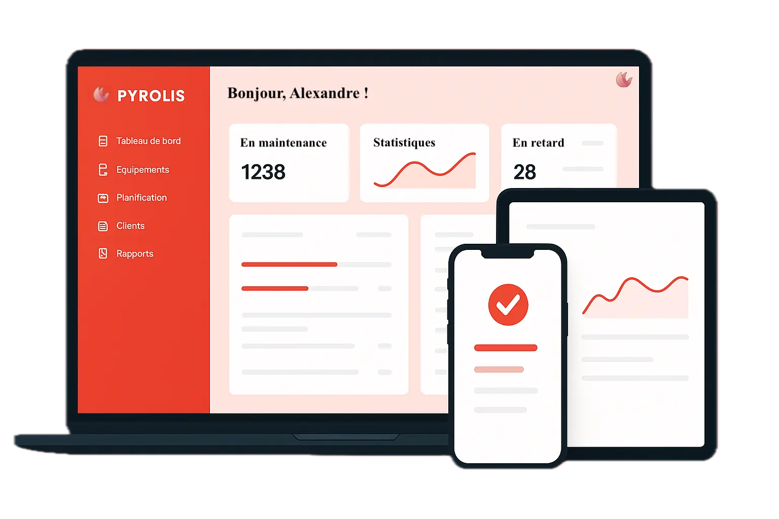 Interface Web, page 'Dashboard', de suivi de maintenance incendie sur Pyrolis, et un technicien de maintenance devant.