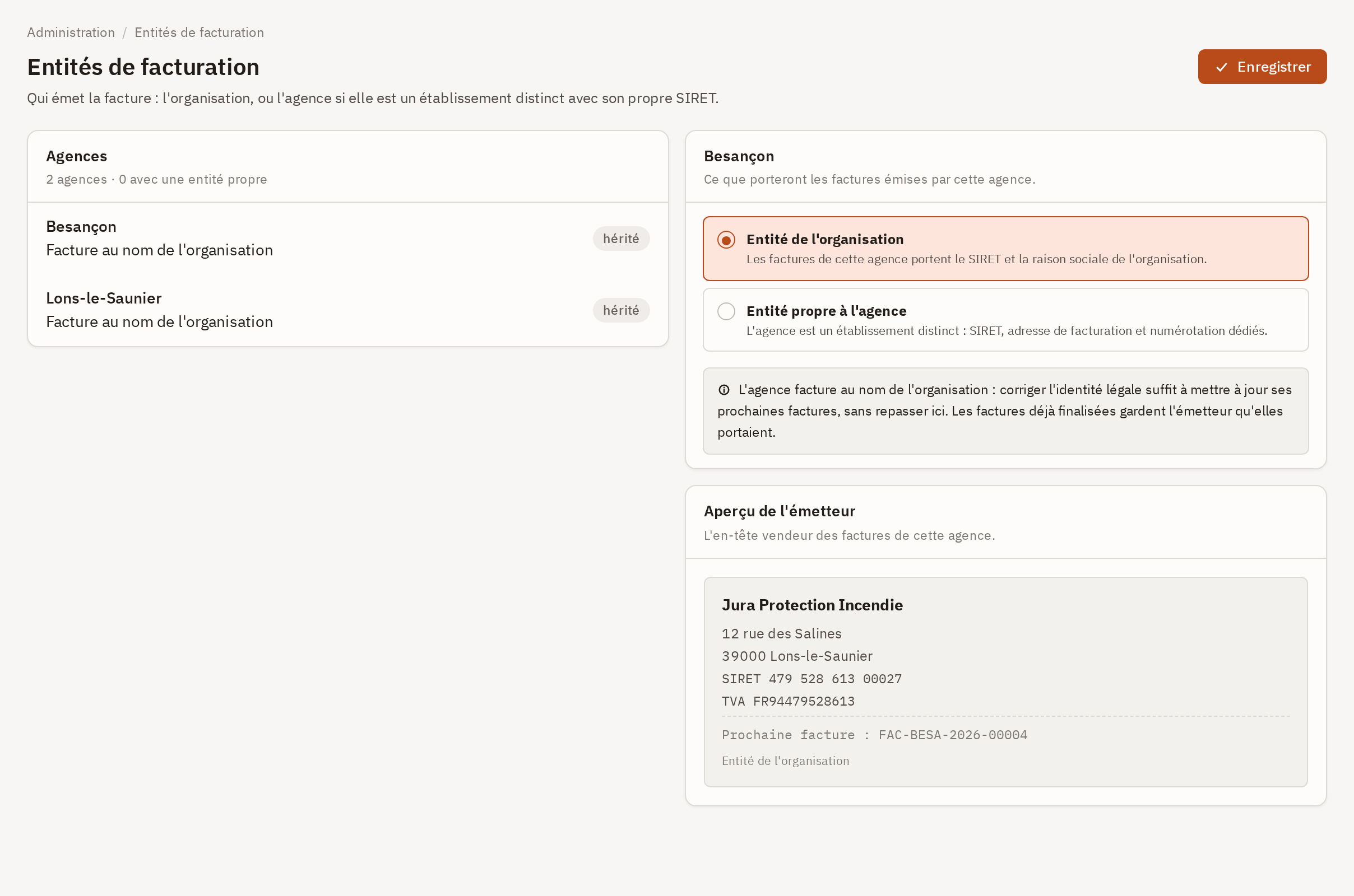 Entités de facturation : la liste des agences à gauche, le choix entre entité de l'organisation et entité propre, et l'aperçu de l'émetteur.