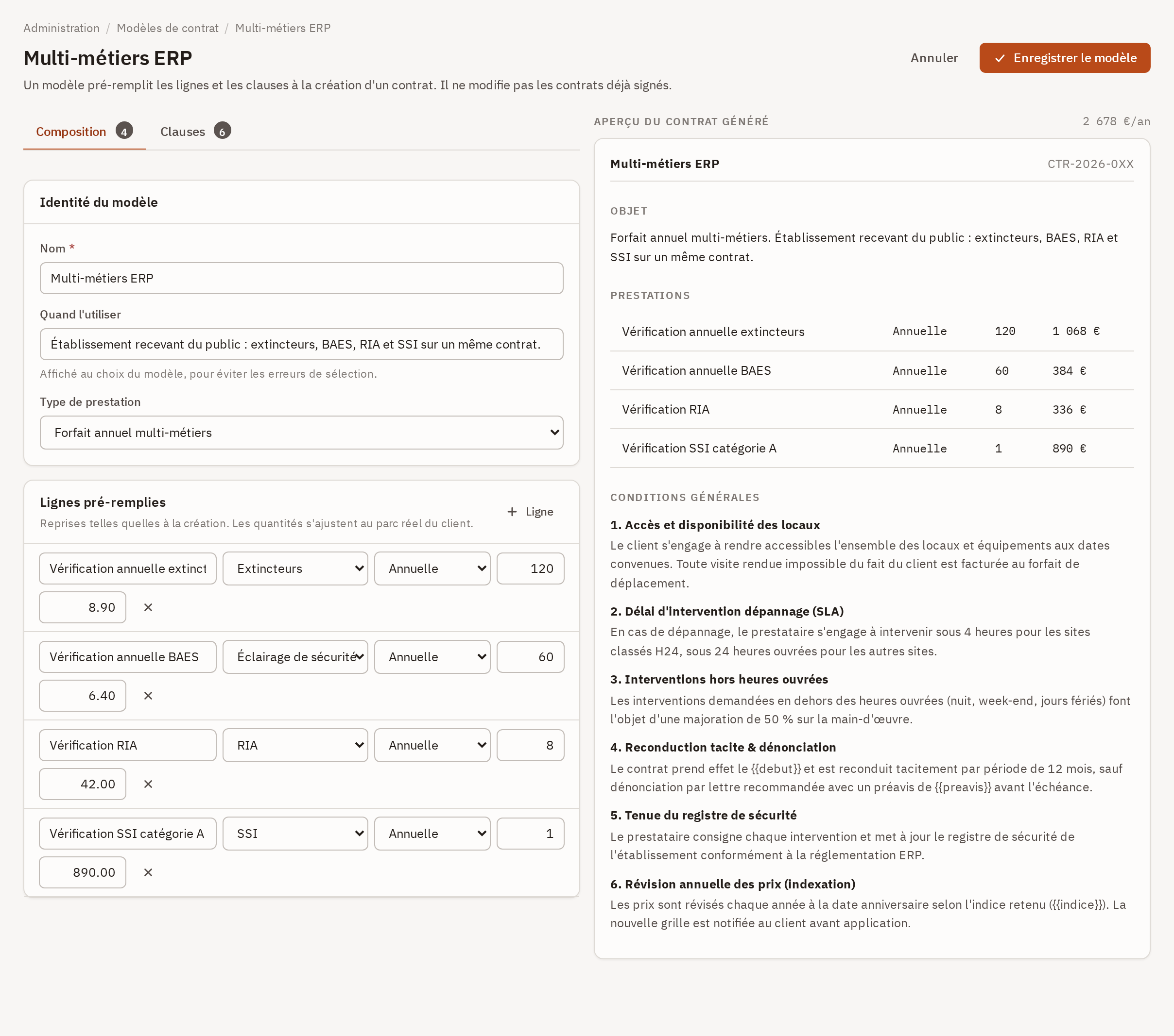 Éditeur d'un modèle de contrat : l'onglet Composition avec l'identité du modèle et ses lignes pré-remplies, et l'aperçu du contrat généré.
