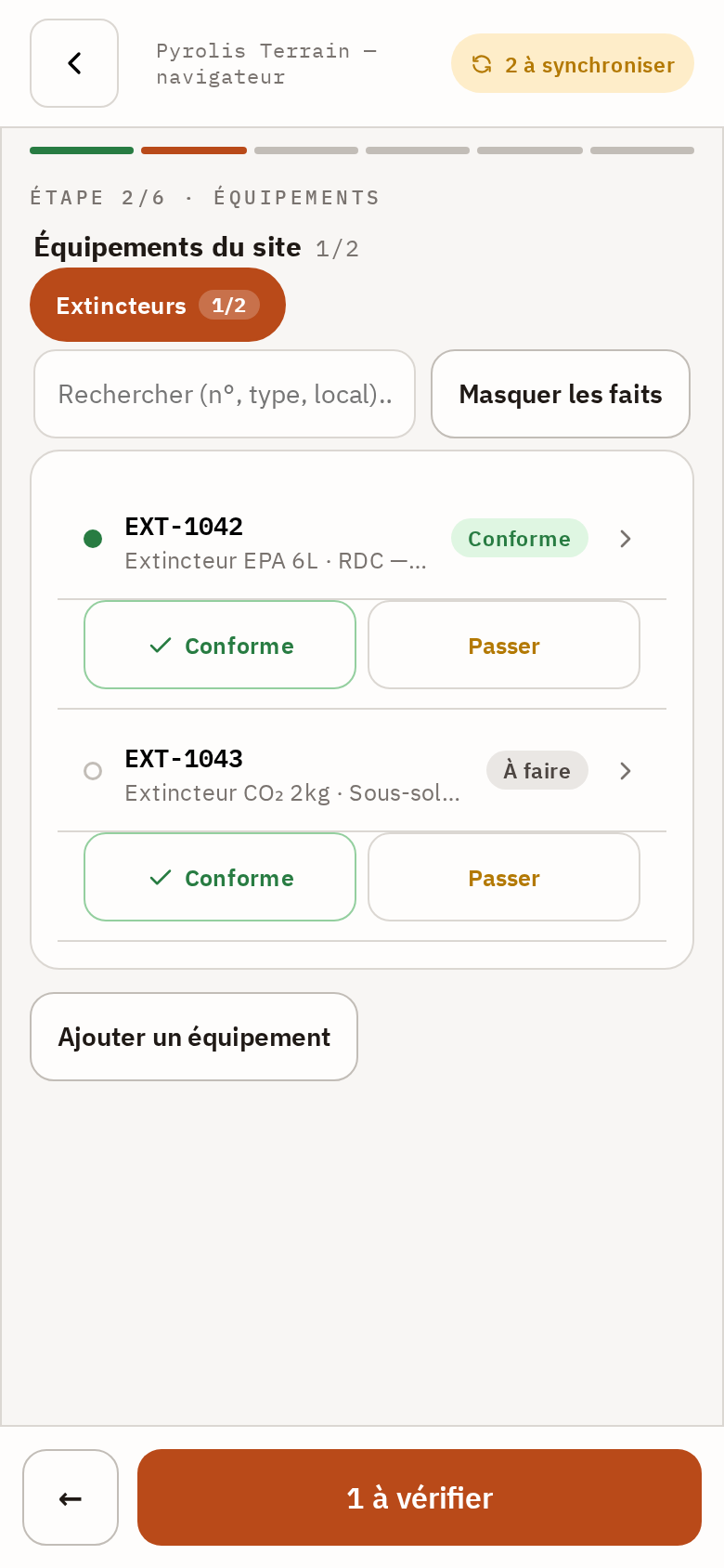 Check-list réglementaire, équipement par équipement.
